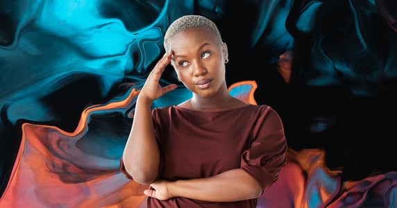 A woman in a red blouse looks irritated against a blue and peach background.