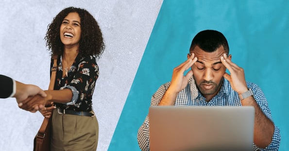 A split-screen image: On the left, a smiling woman receives a handshake; on the right, a stressed man looks down at a laptop.