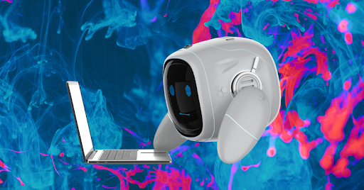 A small white robot uses a laptop against a blue and pink background.