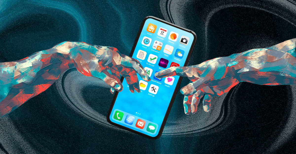 Two painted arms reaching toward a smartphone.