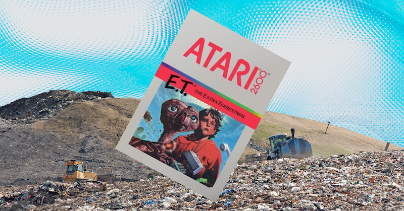 The cover of Atari’s “E.T.” video game in front of a landfill.