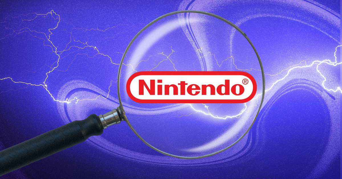 A magnifying glass hovers over the Nintendo logo against a purple background.