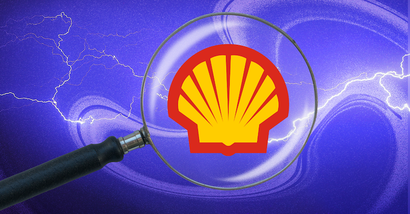 A magnifying glass hovers over the Shell logo against a purple background.