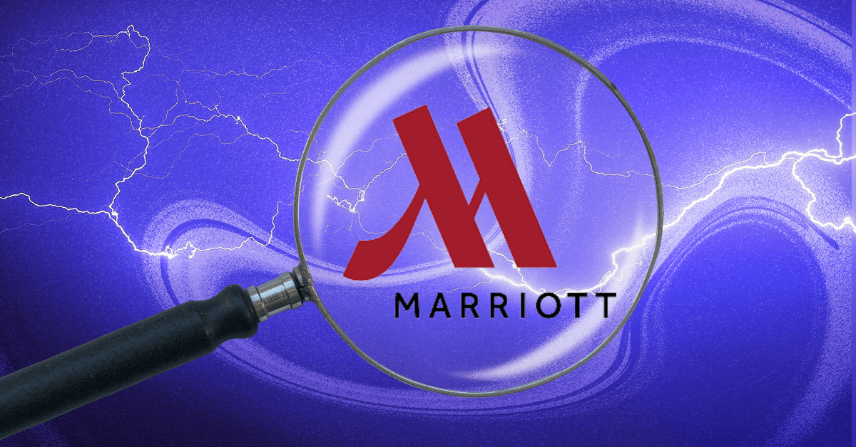 A rootbeer float, the Marriott logo, and a cartoon hotel against a gray background. 