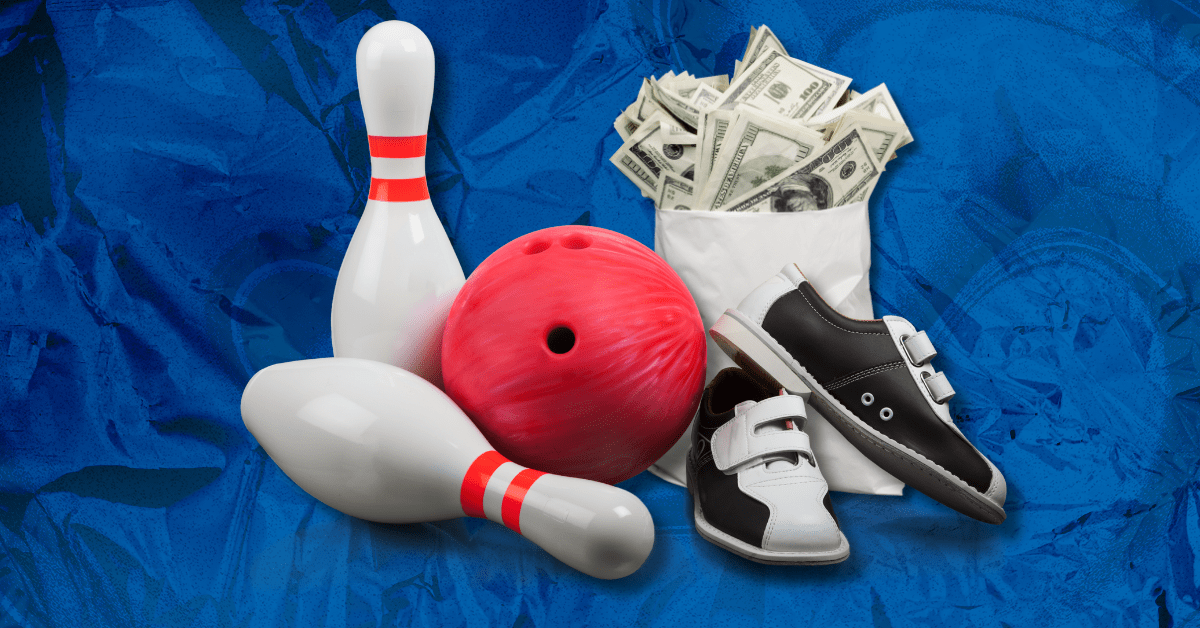 Bowling pins, bowling ball, bowling shoes, and a bag of cash on a dark blue background.