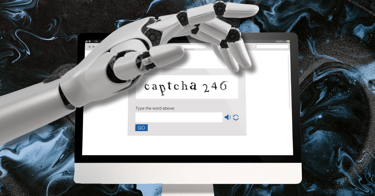 A computer monitor showing a Captcha on the screen with a robot hand reaching over it.