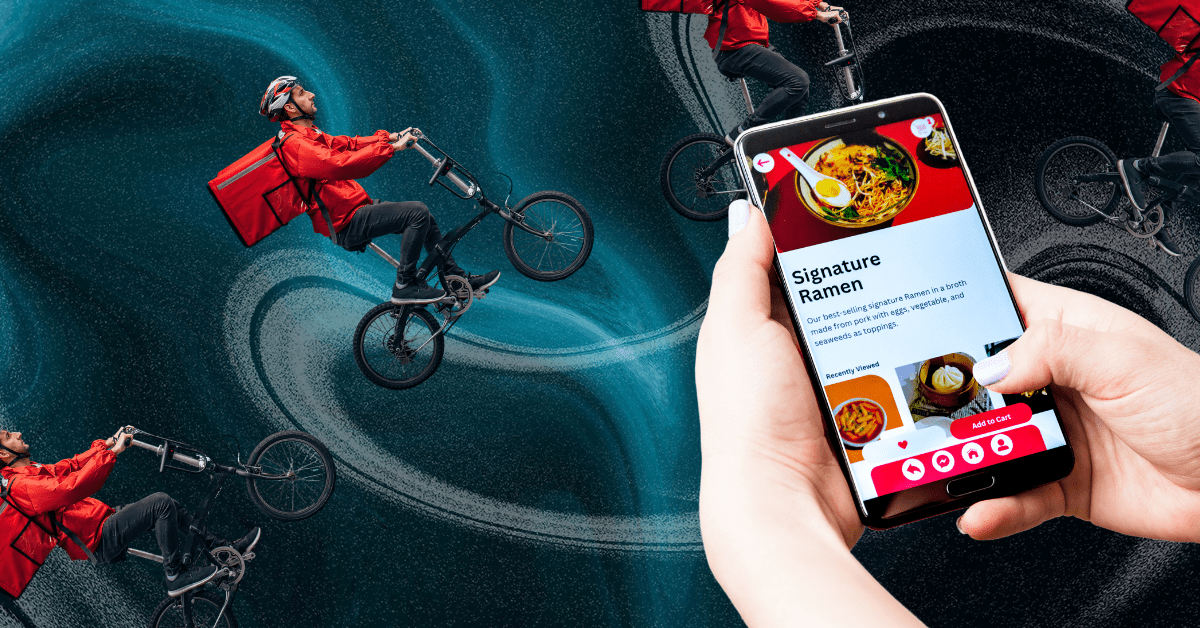 Multiple images of a delivery man in red on a bicycle across the frame with white hands in the foreground holding a phone, ordering ramen.