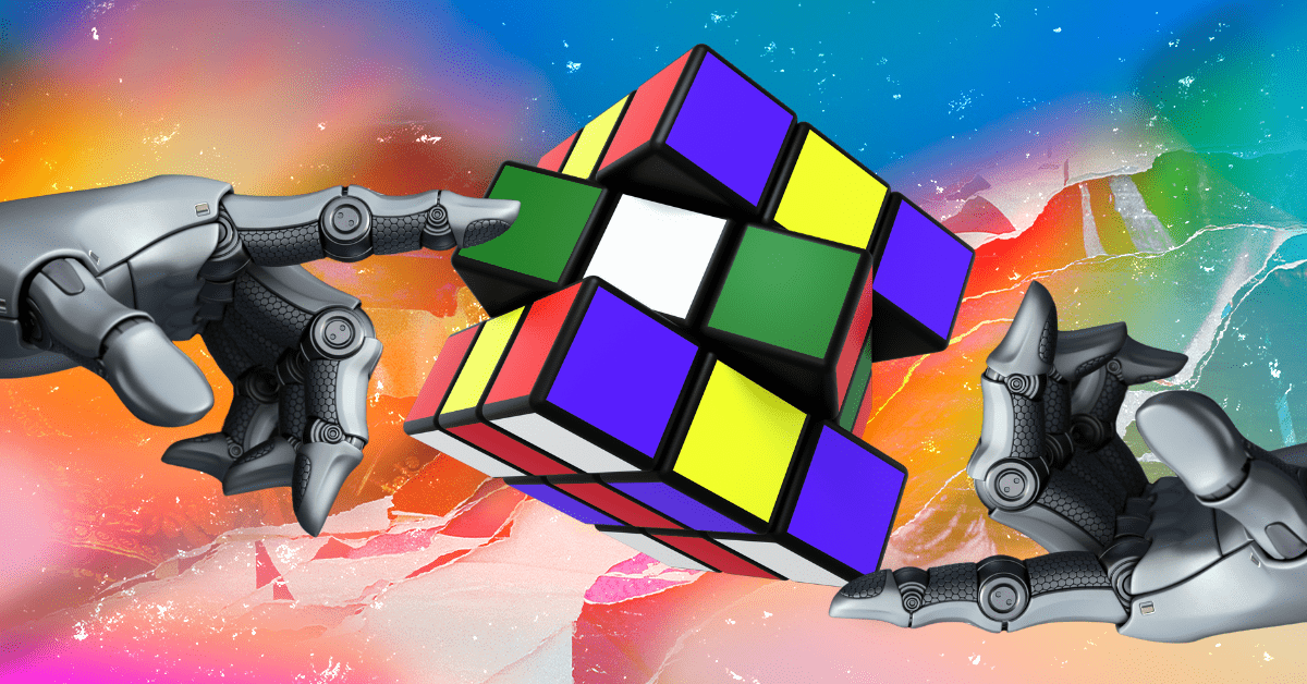 Two robot hands manipulate a Rubik’s cube.