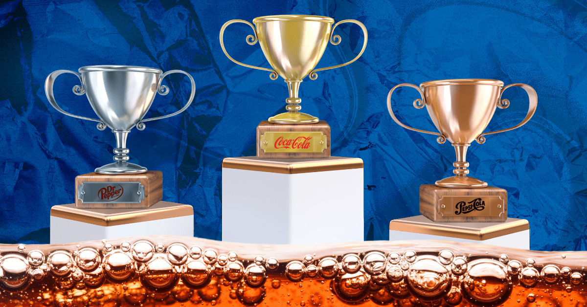 Trophies with soda brand logos on them sit on a trophy stand: Coca-Cola is first, Dr Pepper is second, and PepsiCo is third.