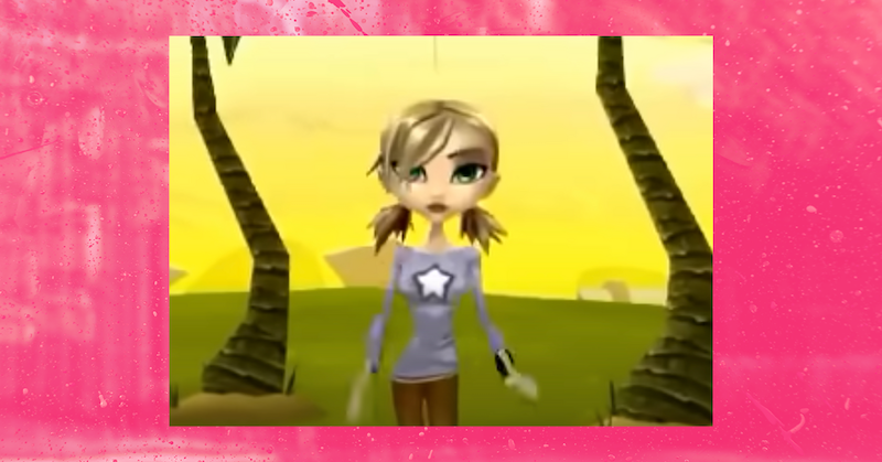 A screenshot of a cartoonish Lively avatar with blonde pigtails and a gray shirt with a star on it standing between two palm trees.