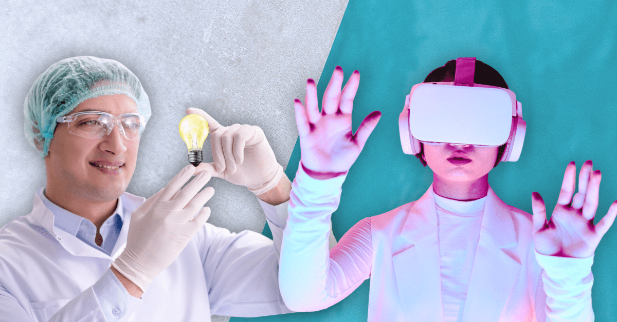 A man dressed for a laboratory holds and examines a lightbulb, and a woman with a VR headset over her face holds up her arms.