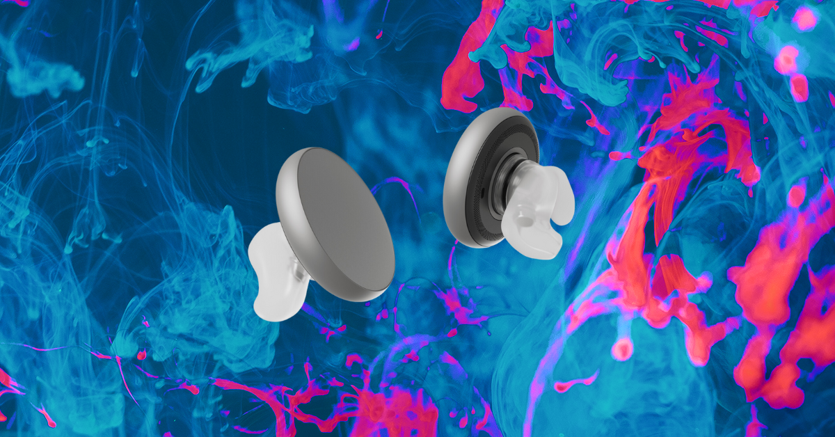 The Iyo earbuds against a punk and blue background.