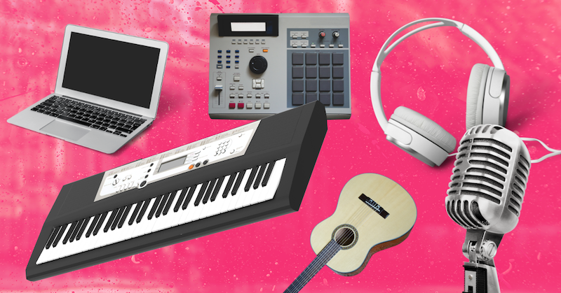 Collage of objects: a laptop, a mixing board, headphones, a microphone, an acoustic guitar, and an electric keyboard.