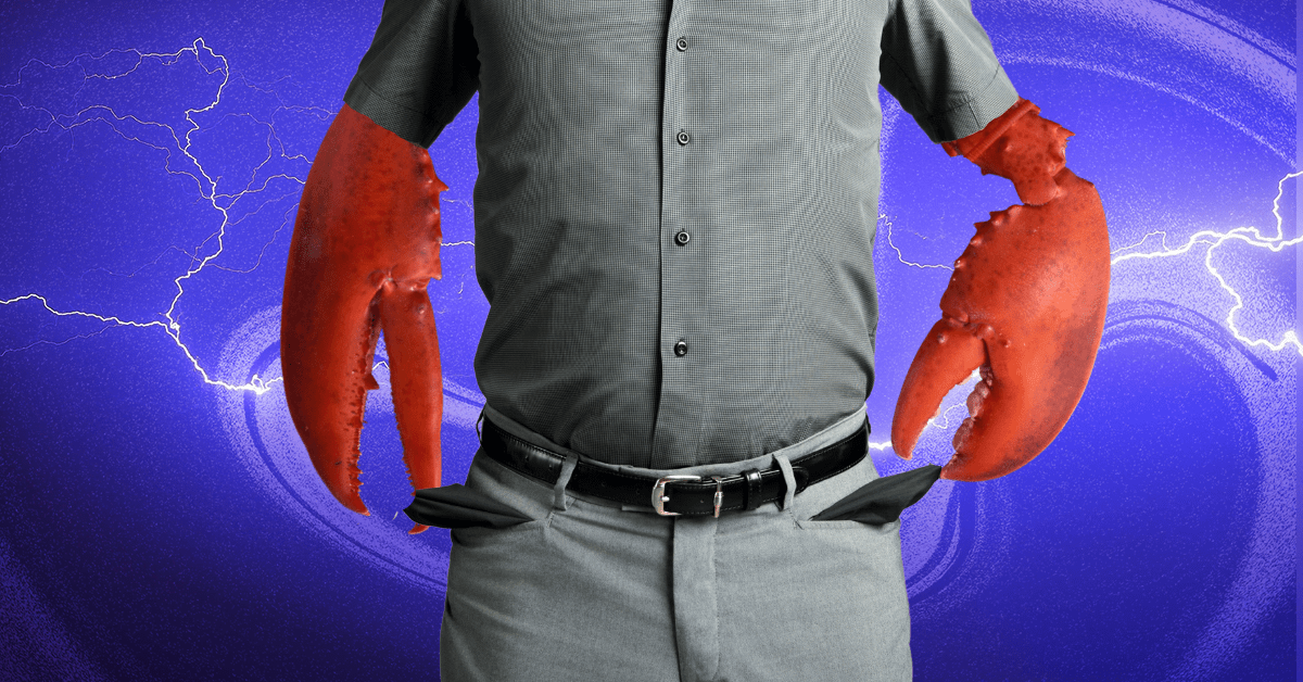 A person’s torso with lobster arms turns out their empty pant pockets.