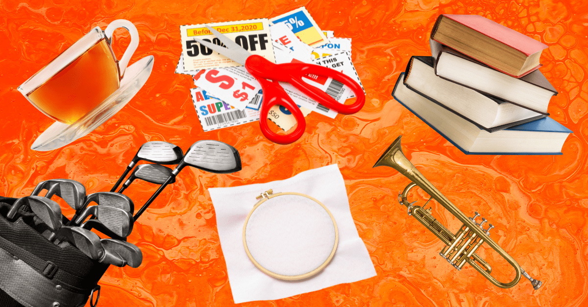 A collage of images against an orange background: a cup of tea, scissors atop a pile of coupons, a stack of books, a trumpet, a blank needlepoint canvas, and a bag of golf clubs.