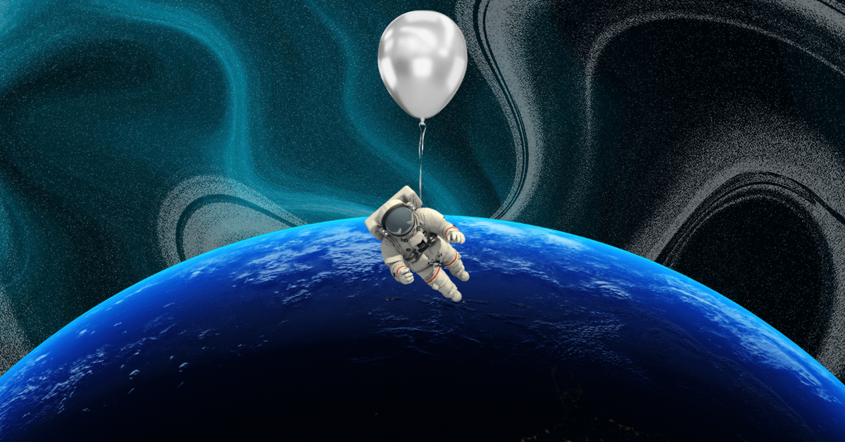 An astronaut being held up by a silver balloon over the outline of Earth.