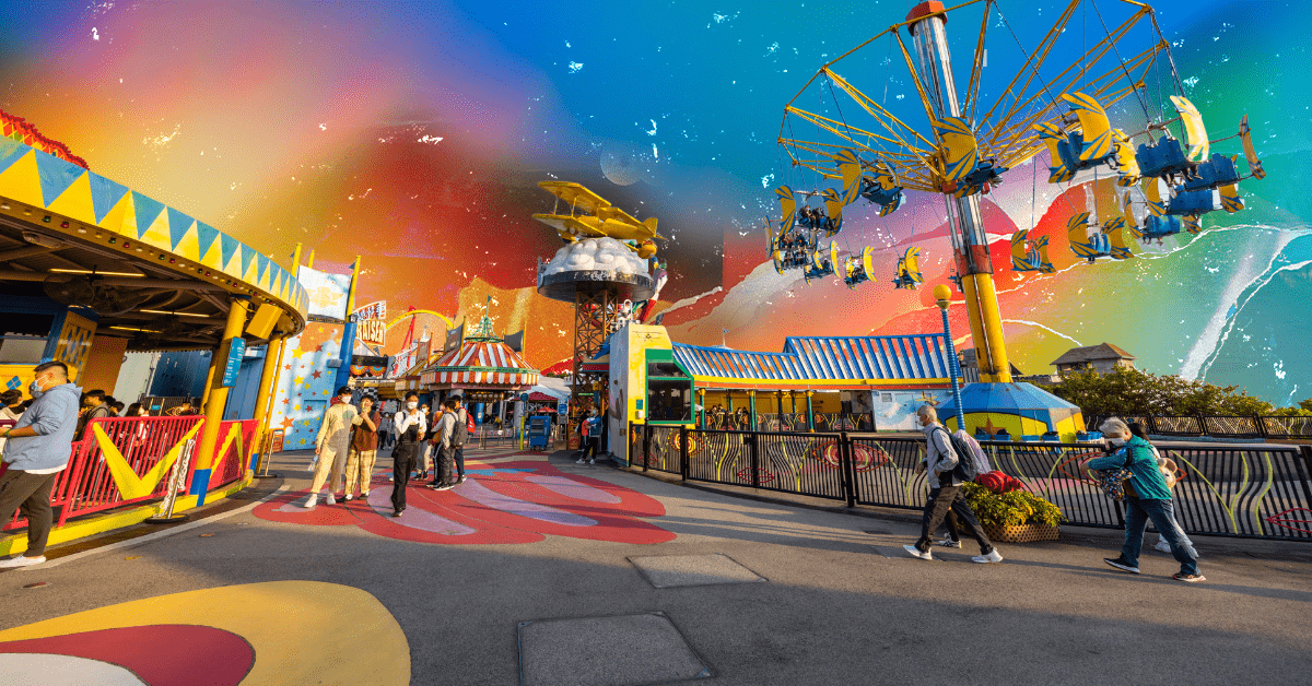 Multiple theme park rides with people walking around on a rainbow background.