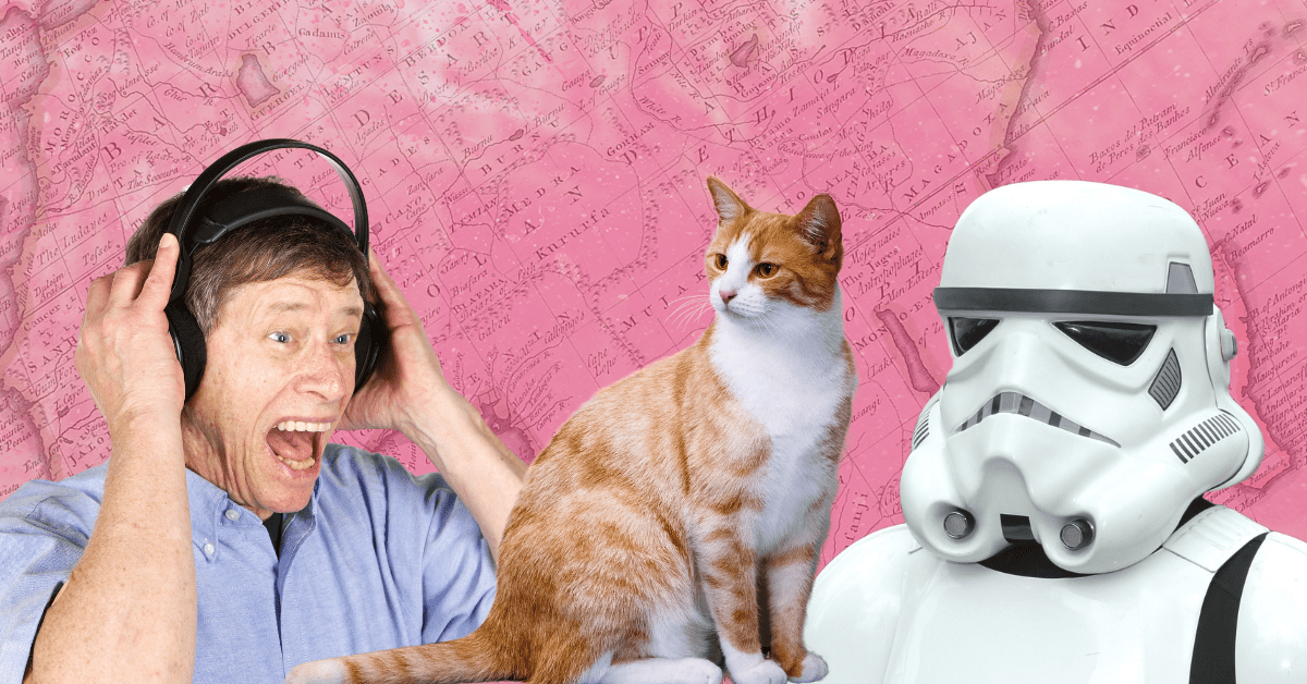 A collage of images against a pink background overlaid with a map of Africa: a screaming man holds his hands to his headphone-covered ears, an orange and white cat, and a stormtrooper.