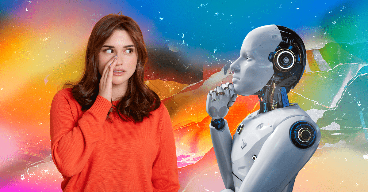 A woman covertly telling a joke is studied by a robot.