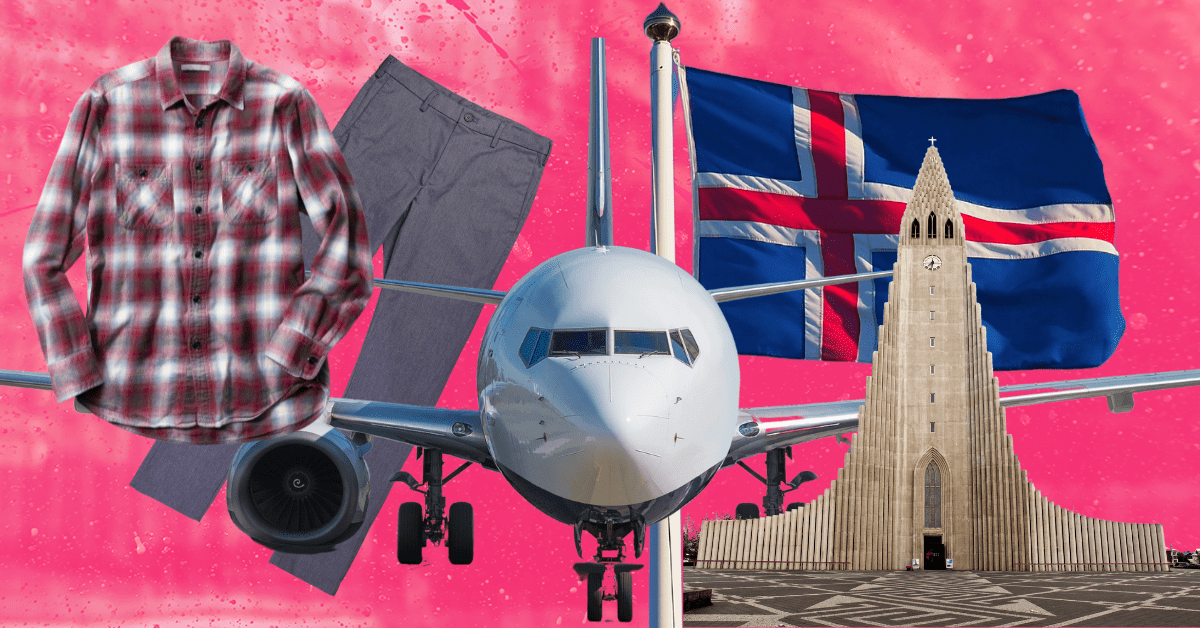 A collage of images: A red flannel shirt over gray khakis, the front of an airplane, a flagpole with Iceland’s flag waving, and the front of Reykjavik’s landmark Hallgrímskirkja church.