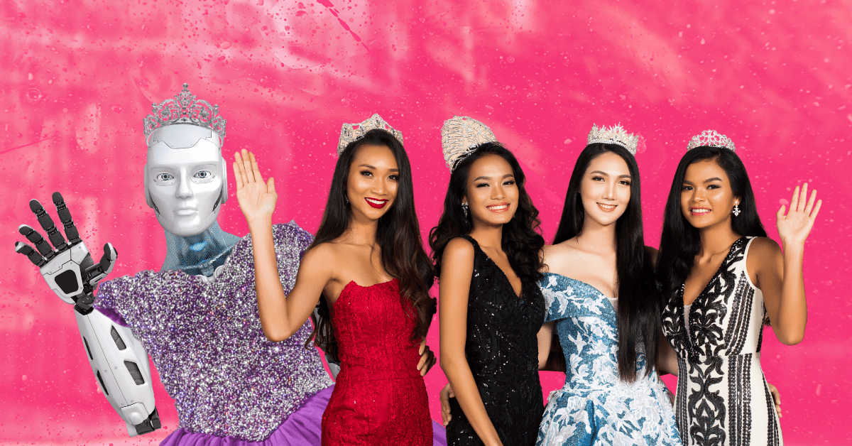 A robot wearing a tiara and purple dress stands with four crowned beauty queens.