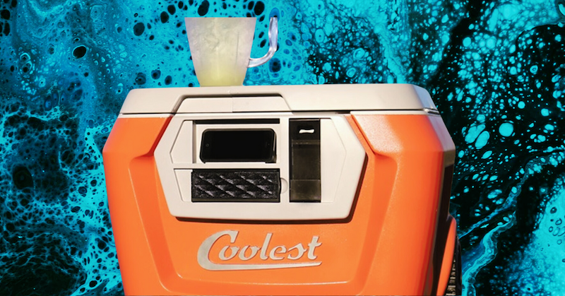 An orange Coolest cooler on a blue background.