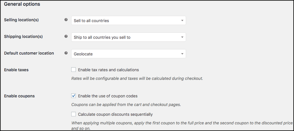 General woocommerce wordpress options